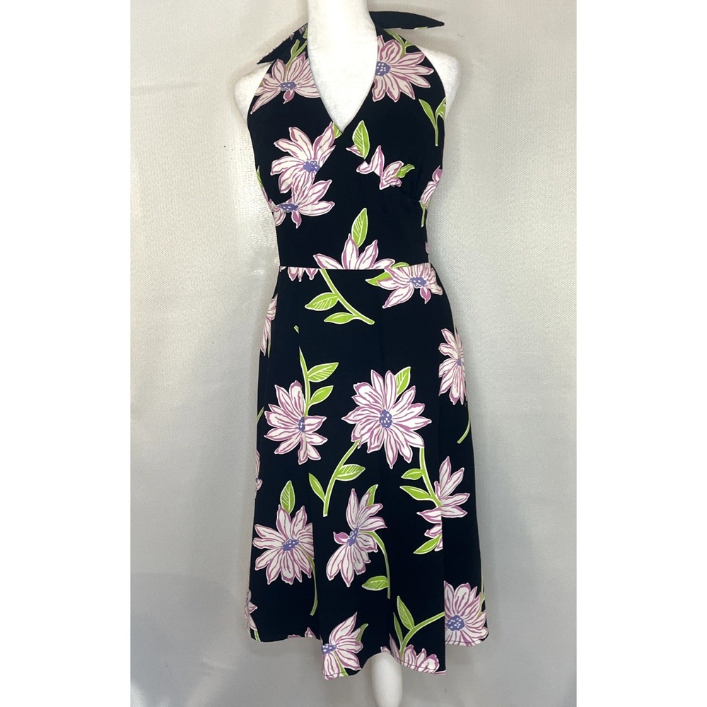 Karin Stevens 90s Black Floral Halter Dress Tie Back Y2K‎ Rockabilly Size 12
